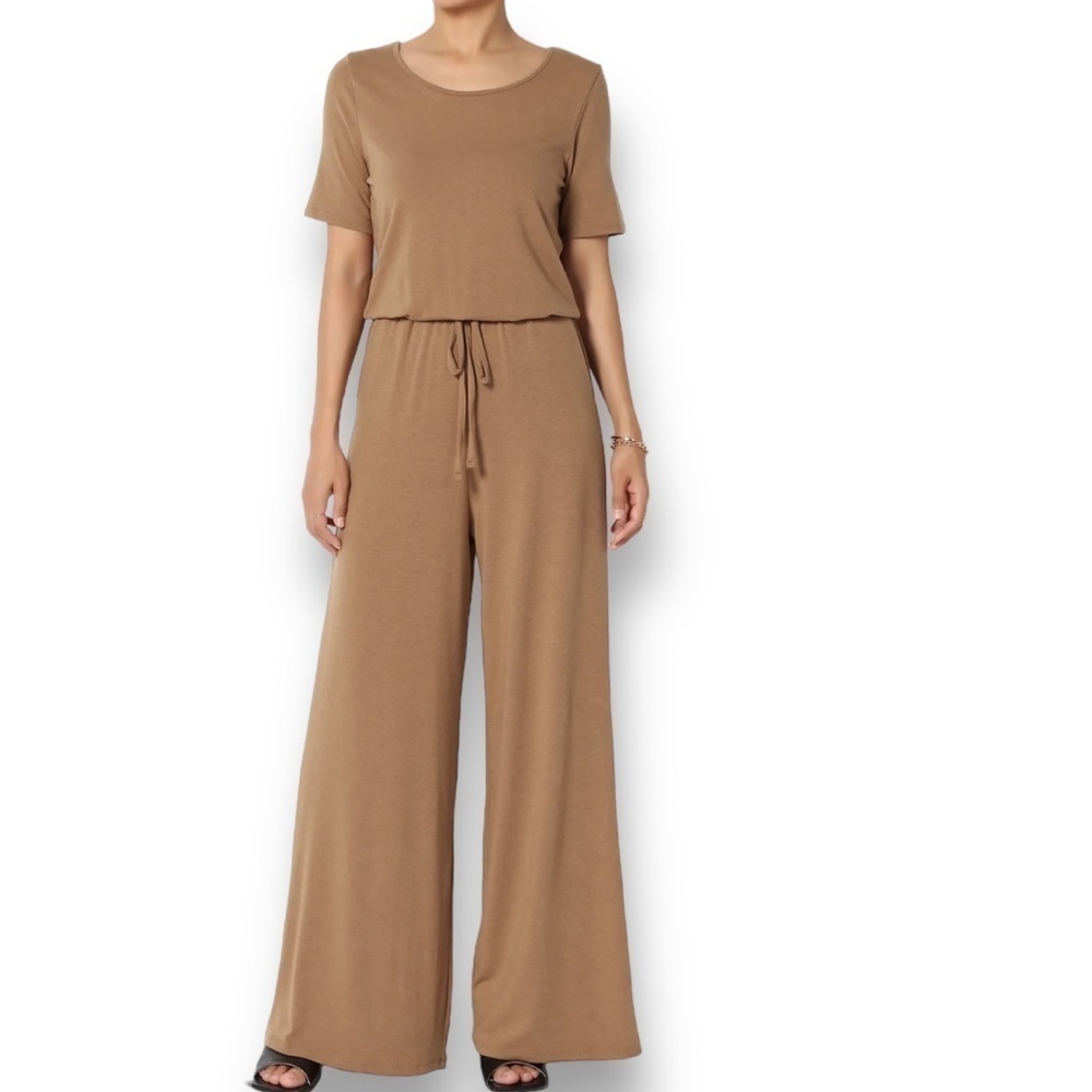 Classy Brown Jumpsuit Short Sleeve Wide Leg Loose Fit Plus Size 1X